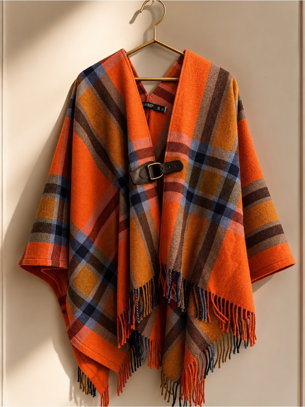 LAUREN Ralph Lauren Plaid Fringe-Trim Twill Poncho (Orange/Blue Multi) Women' XL